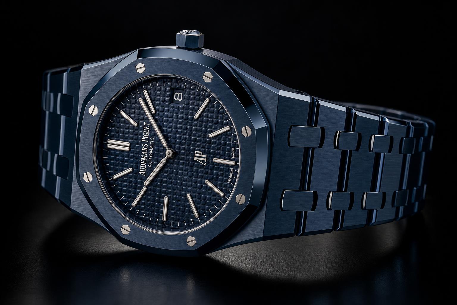 POP BAND Crown at 3 — navy ceramic bracelet on the Royal Pop wristwatch
